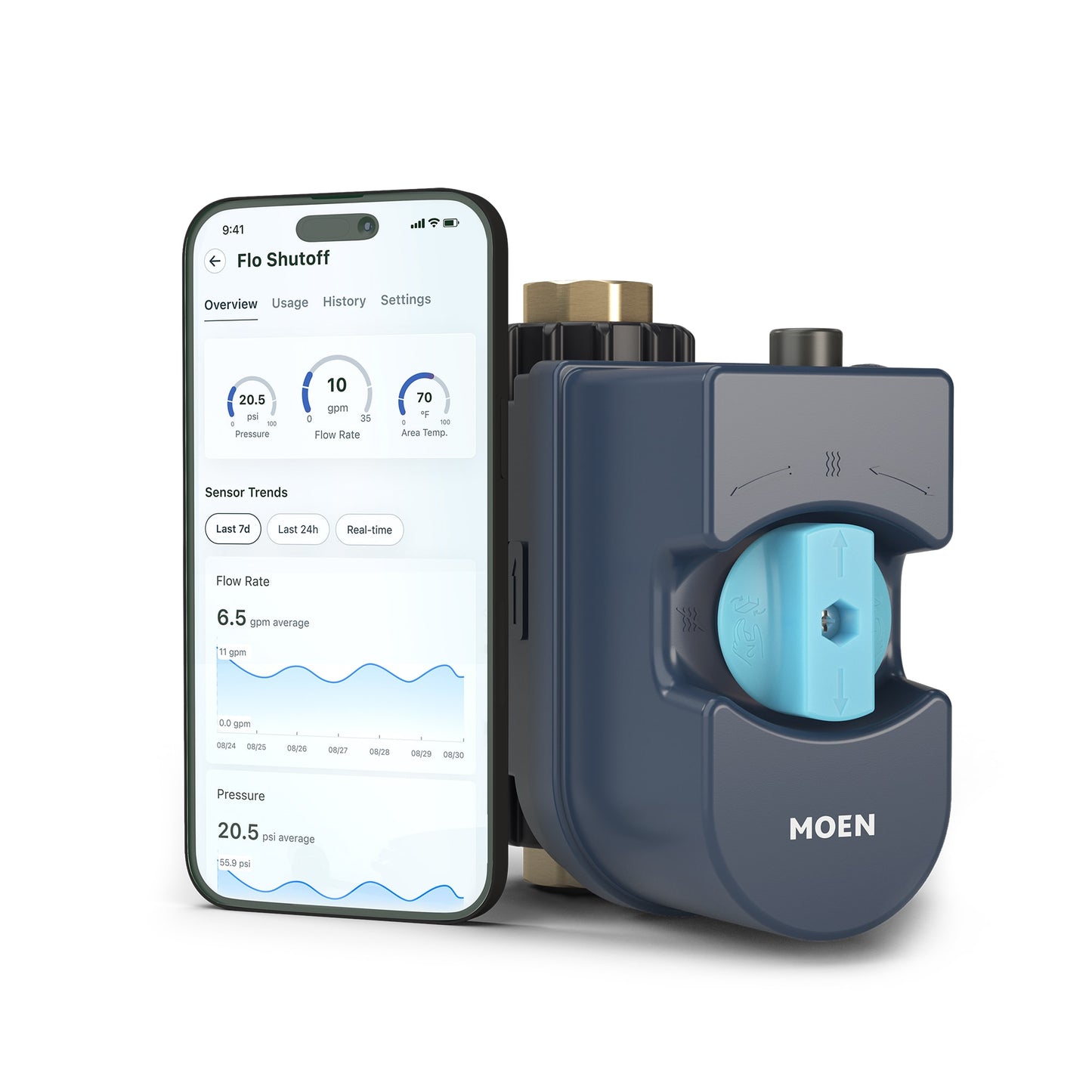 Moen Flo Smart Water Monitor 3/4-in to 1-1/4-in Indoor/Outdoor Smart Compatible Water leak detector with Automatic Shut-off Valve ( 1 -Pack)