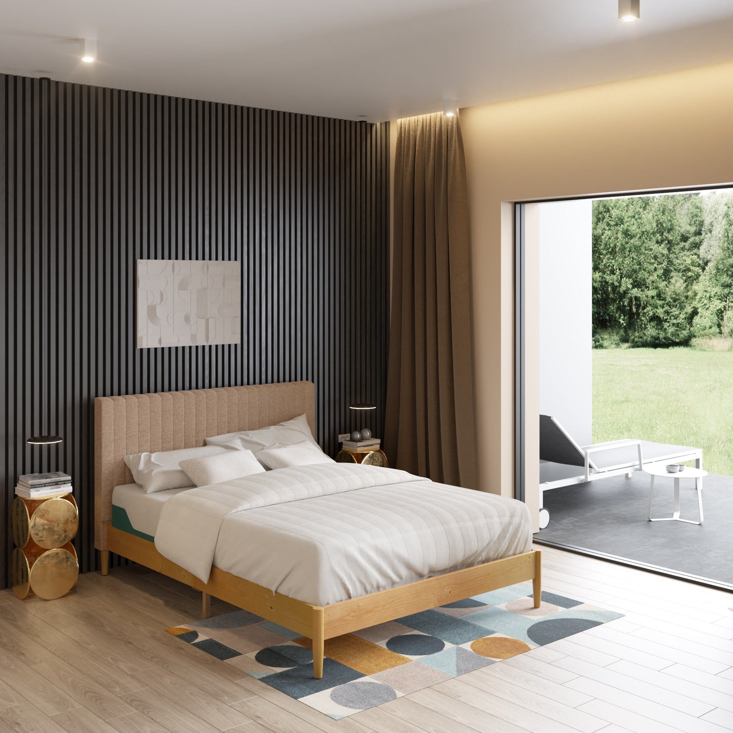 Zinus Full Latte Wood Upholstered Bed with Headboard