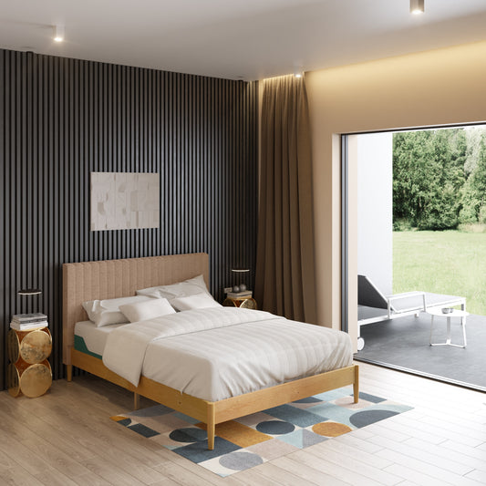 Zinus Full Latte Wood Upholstered Bed with Headboard
