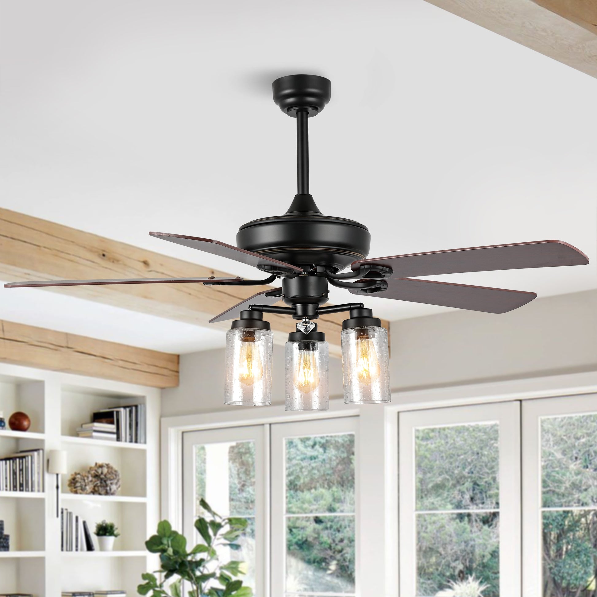 JONATHAN  Y Luacs Iron/Wood/Seeded Glass Rustic 52-in Black with Ashwood/Brown Blades Downrod or Flush Mount Smart Ceiling Fan With Light and Remote Included 5 -Blade