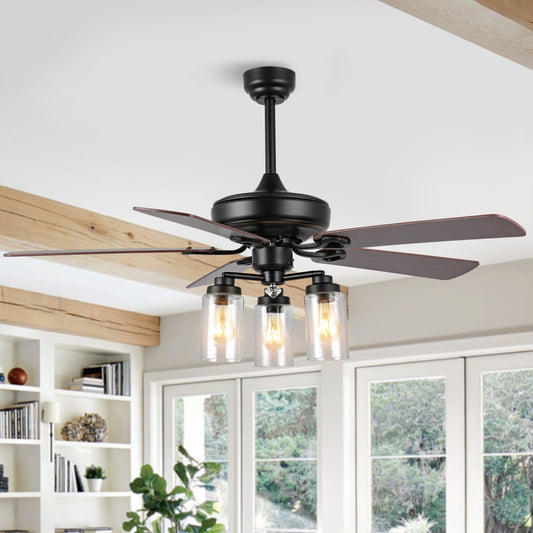 JONATHAN  Y Luacs Iron/Wood/Seeded Glass Rustic 52-in Black with Ashwood/Brown Blades Downrod or Flush Mount Smart Ceiling Fan With Light and Remote Included 5 -Blade