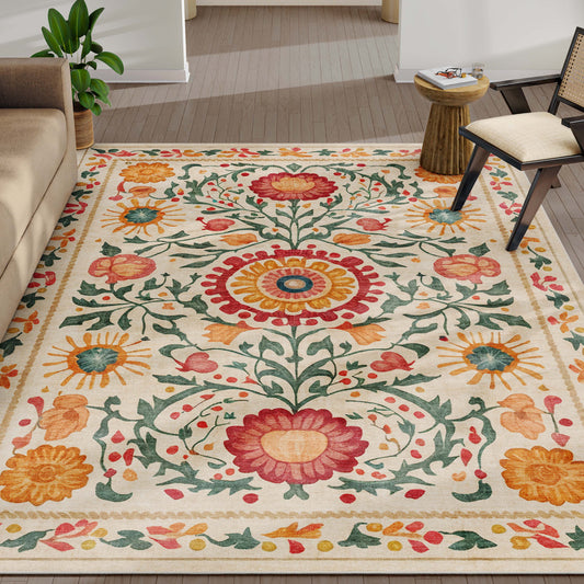 Well Woven Apollo 9 x 13 (ft) Flatweave Polyester Beige Rectangular Indoor Floral/Botanical Mid-Century Modern Spot Clean Only Pet Friendly Area rug