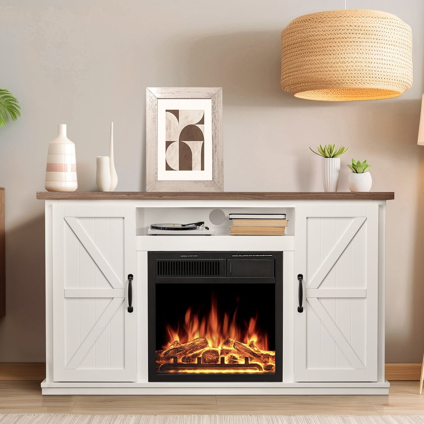 COWSAR 46.46-in W Walnut TV Stand with Infrared quartz Flat wall with Remote Control Included