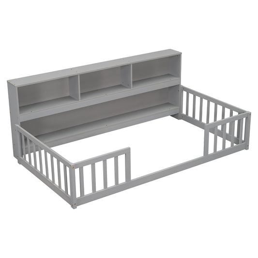 Bybafun Twin Gray Wood Bed Frame Storage with Headboard