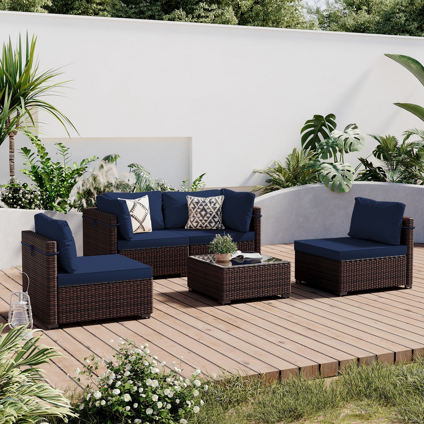 Patio Watcher 5 -Piece Rattan Patio Conversation Set with Blue Cushions