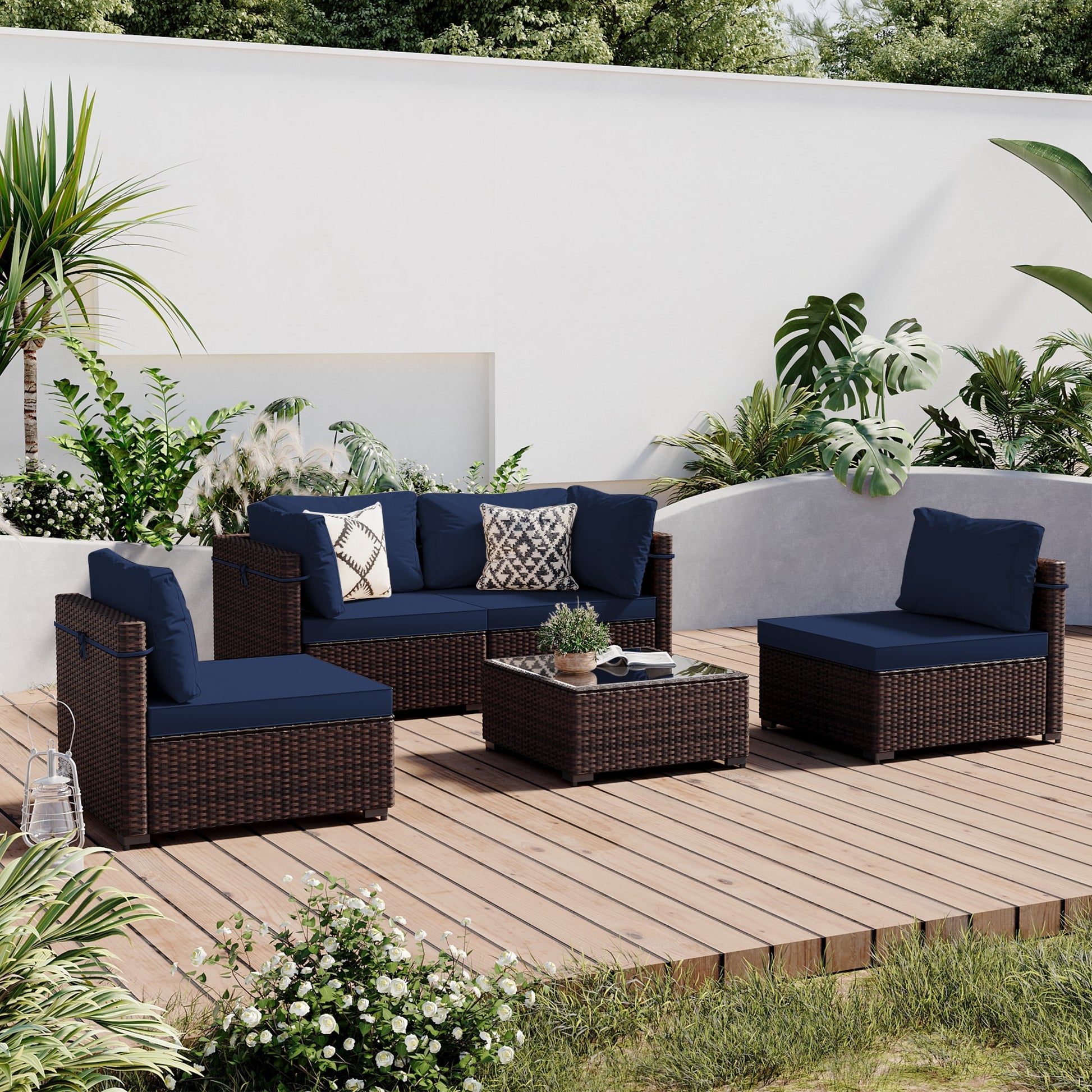 Patio Watcher 5 -Piece Rattan Patio Conversation Set with Blue Cushions