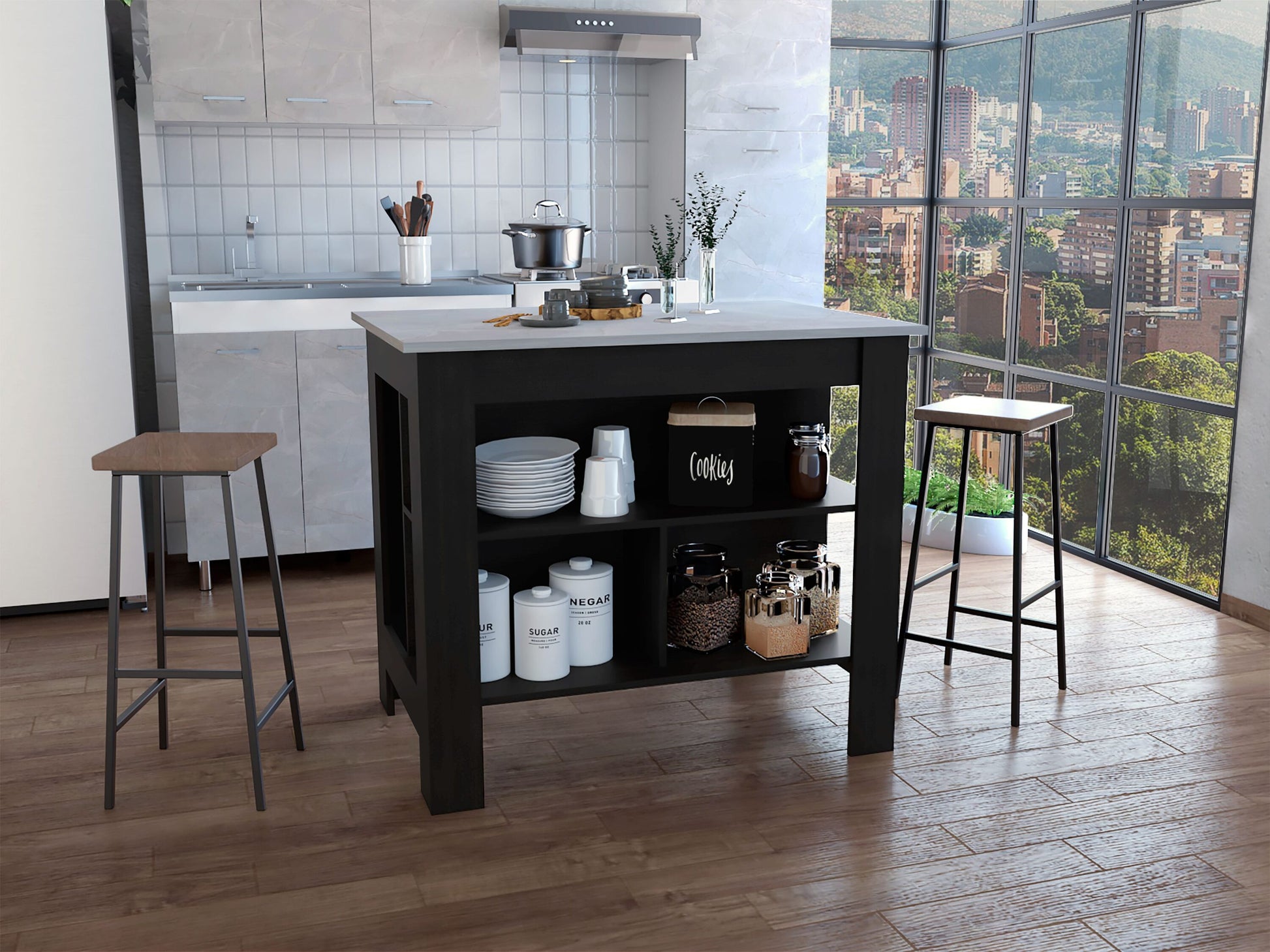 Damerin Black Wood Base with Wood Wood Top Kitchen Island ( 40.5-in x 27.5-in x 35.4-in )