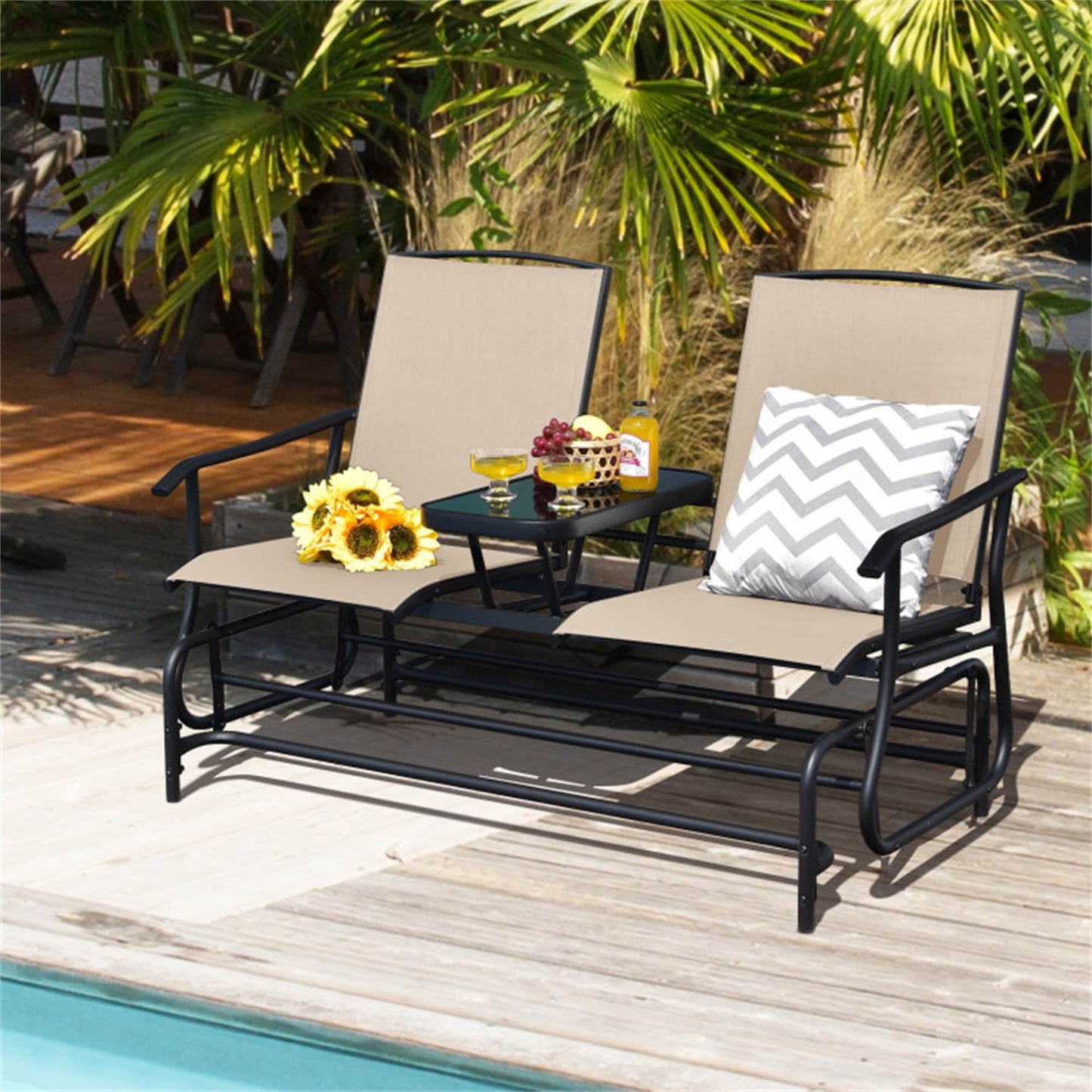 BABOOM 2-Person Double Rocking Loveseat with Center Tempered Glass Table