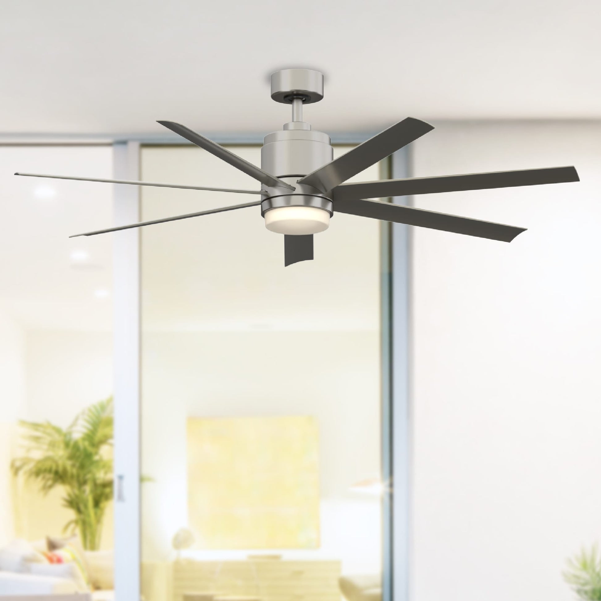 Fanimation Studio Collection Blitz 56-in Brushed Nickel with Gray Blades Integrated LED Covered Outdoor Ceiling Fan With Light and Remote Included 7 -Blade