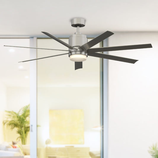 Fanimation Studio Collection Blitz 56-in Brushed Nickel with Gray Blades Integrated LED Covered Outdoor Ceiling Fan With Light and Remote Included 7 -Blade