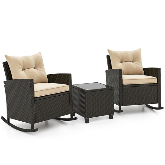 Sumyeg Patio Rattan Roker Chairs Table Set 3 -Piece Rattan Patio Conversation Set with Off-white Cushions