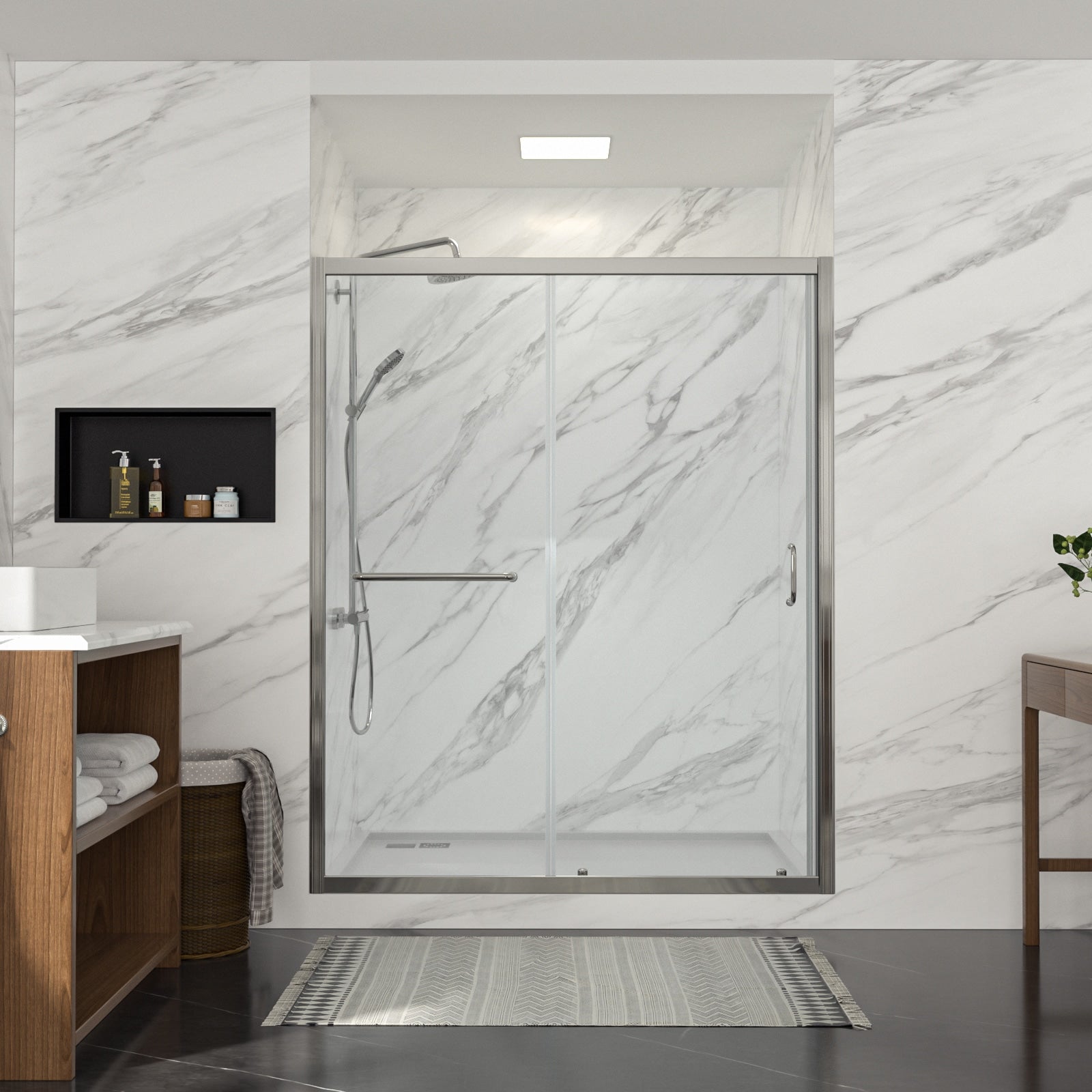 Lordear Bathroom Shower Door Chrome 48-in to 49-in W x 72-in H Semi-frameless Clear Glass Sliding Soft Close Shower door