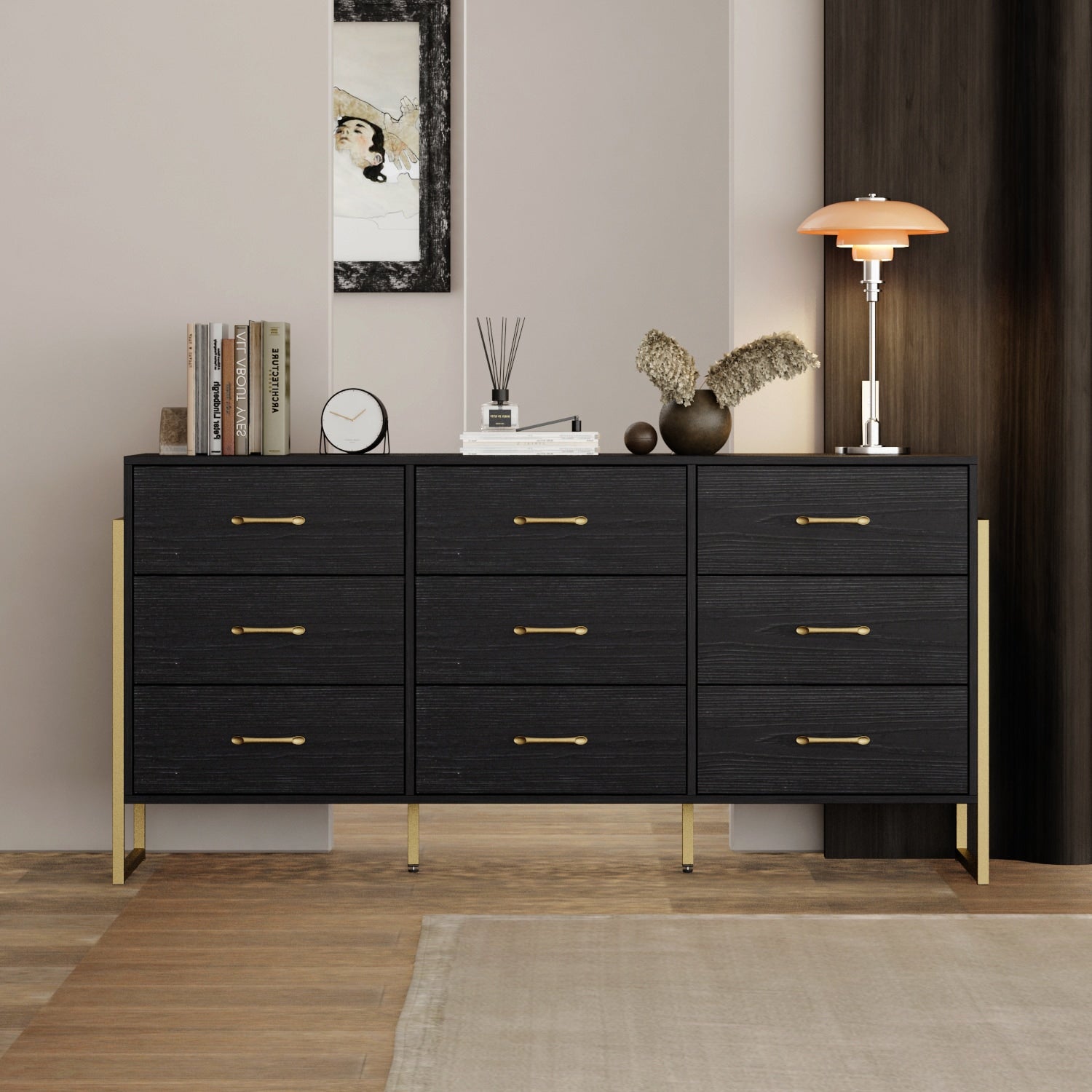 FUFU&GAGA Black 9 -Drawer 61.4-in Standard dresser