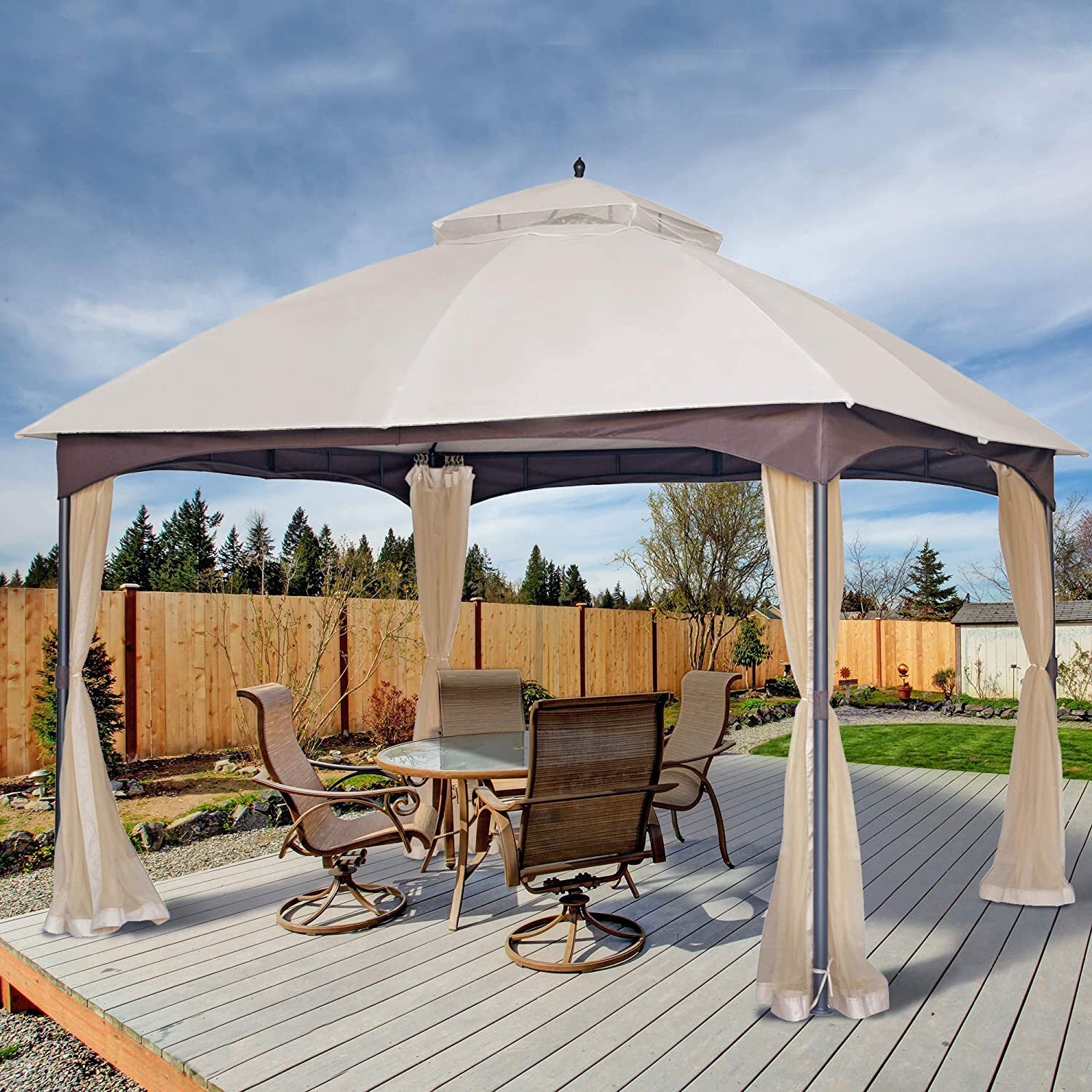Bybafun 12-Feet x 10-Feet Rectangle Beige Fabric Polyester Roof Semi-permanent Gazebo with Screen Included