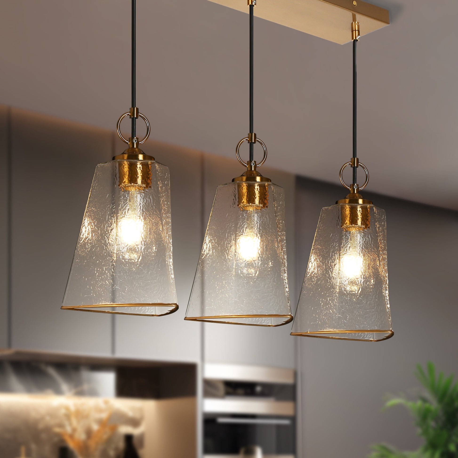 LNC Sduiaor 26.2'' 3 -Light Polished Gold Modern/contemporary Textured glass Linear Large Hanging Kitchen Island Light