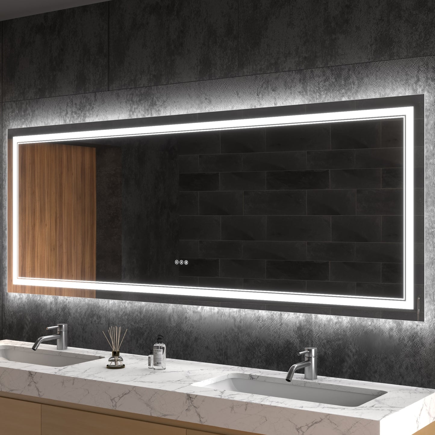 ExBrite NOIR 84-in x 32-in Polished Frameless Rectangle Dimmable Lighted Fog Free Bathroom Vanity Mirror ( WHITE )