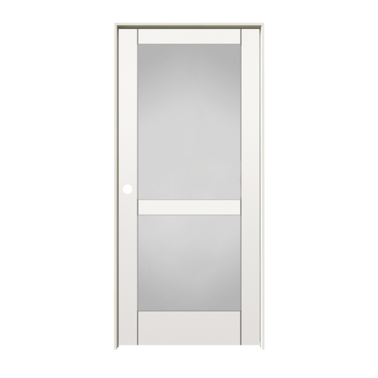RELIABILT 28-in x 80-in Solid core 2-panel Frosted glass Right hand Smooth Primed MDF Flat Jamb Single Prehung Interior Door with