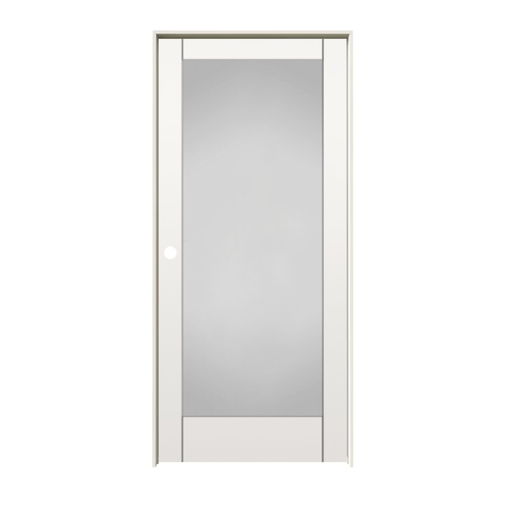 RELIABILT 28-in x 80-in Solid core 1-panel Frosted glass Right hand Smooth Primed MDF Flat Jamb Single Prehung Interior Door with