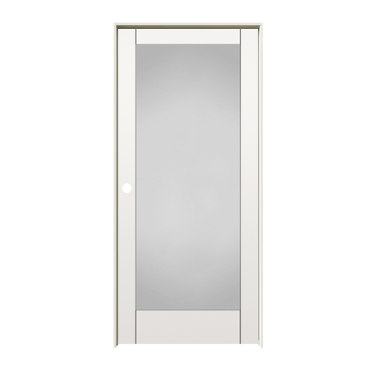RELIABILT 28-in x 80-in Solid core 1-panel Frosted glass Right hand Smooth Primed MDF Flat Jamb Single Prehung Interior Door with