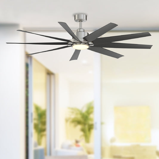 Fanimation Studio Collection SixtyFour 64-in Color-Changing Integrated LED Outdoor Brushed Nickel with Black Blades Ceiling Fan With Light - Remote Included ( 9 -Blade ) 5497085