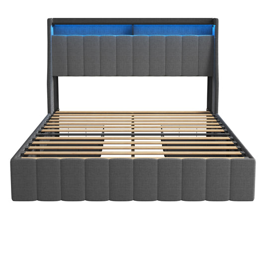 GZMR Full Dark Grey Metal Bed Frame Storage with Headboard