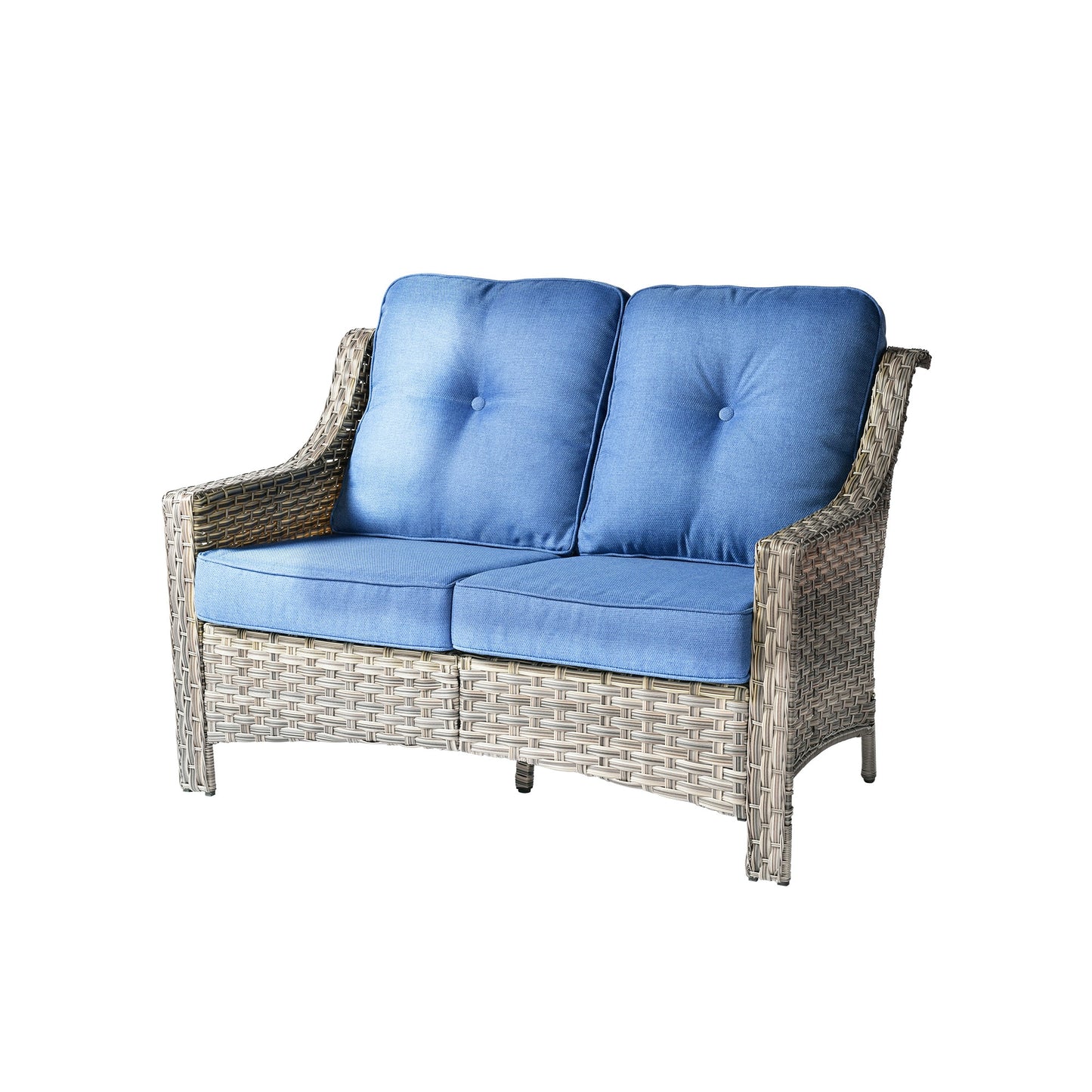 weaxty Aireno Wicker Outdoor Loveseat with Blue Cushions and Steel Frame