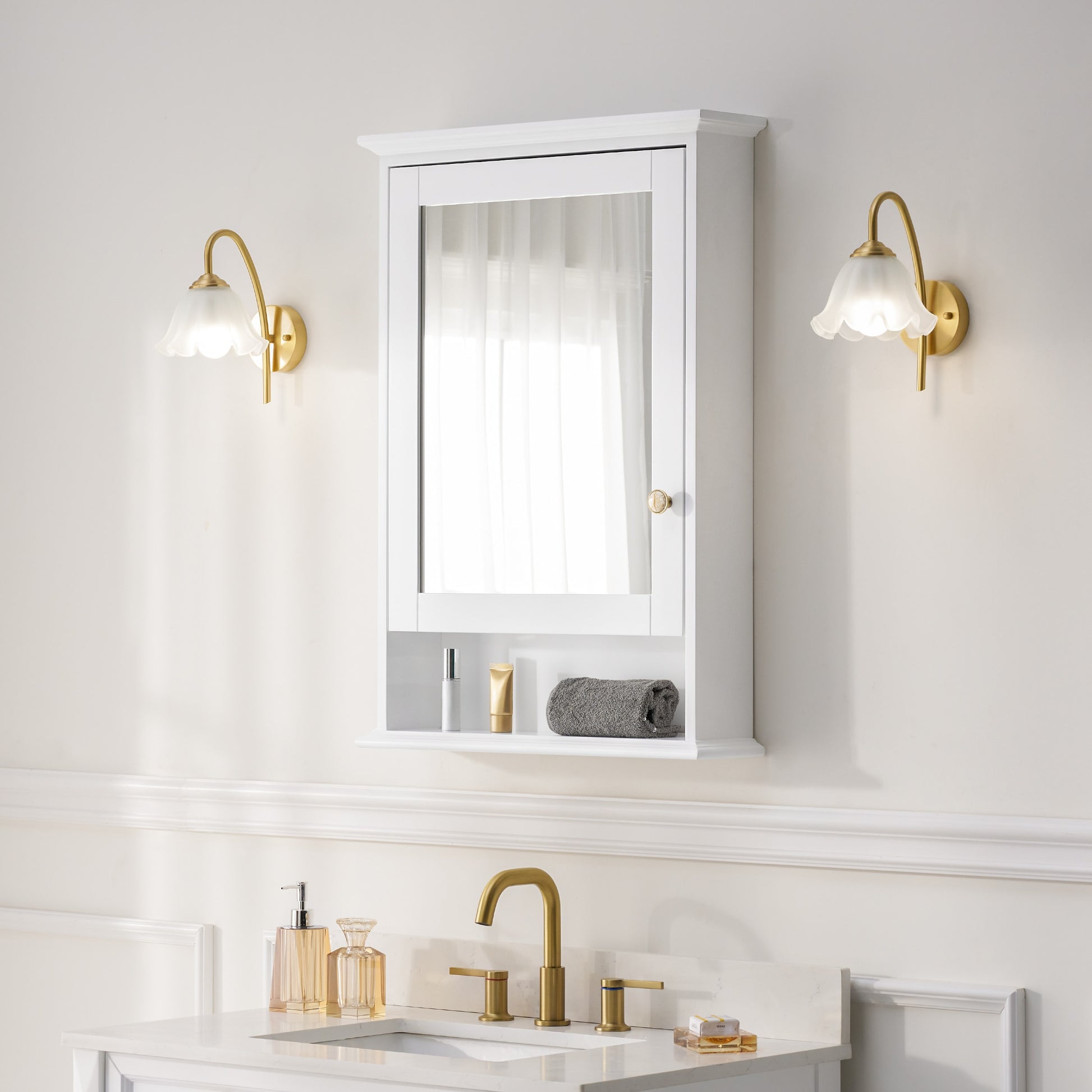 WELLFOR GRACE Solid Wood 24-in x 34-in Surface Mount White Mirrored Rectangle Soft Close Medicine Cabinet