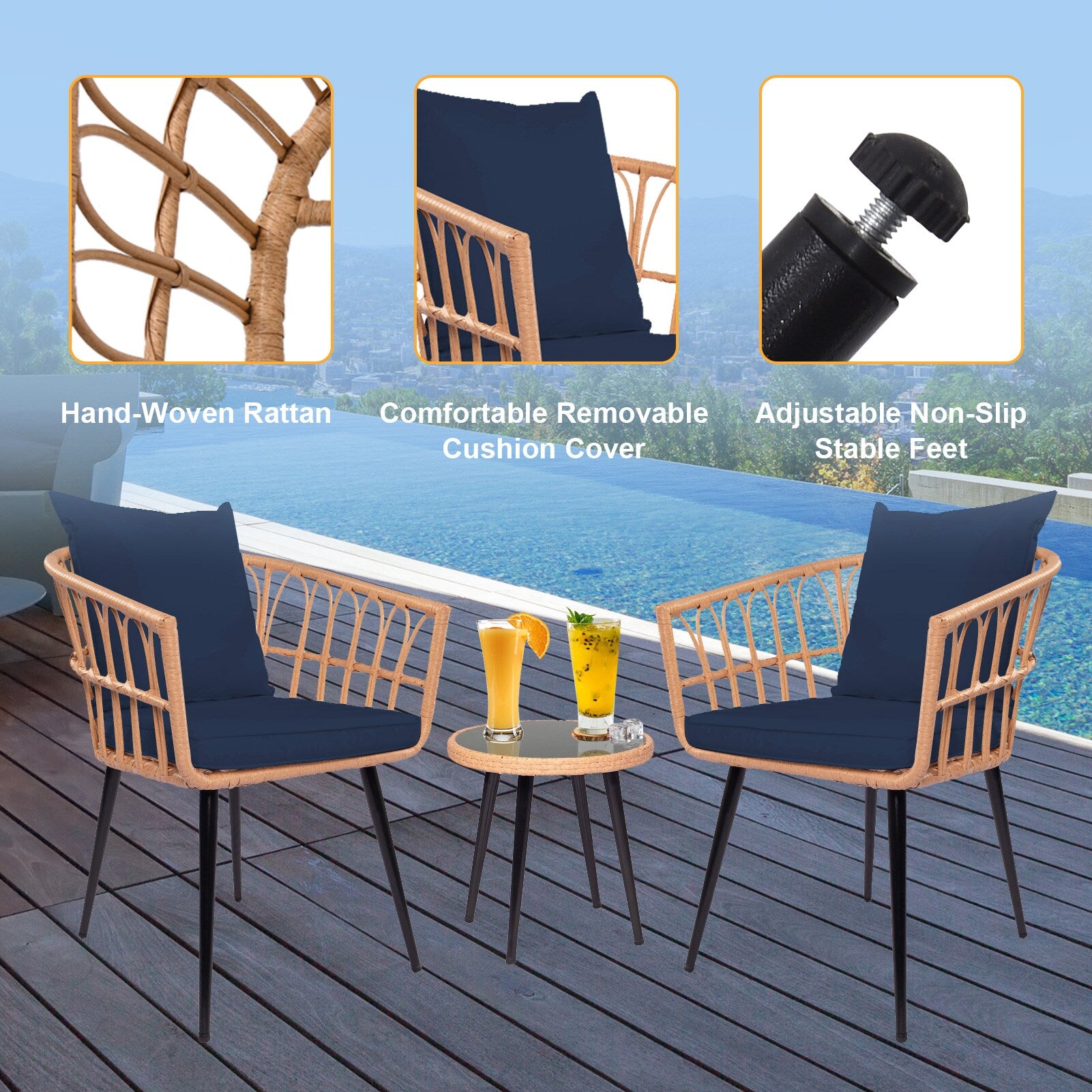 Hrinhom 2 -Piece Rattan Patio Conversation Set with Blue Cushions