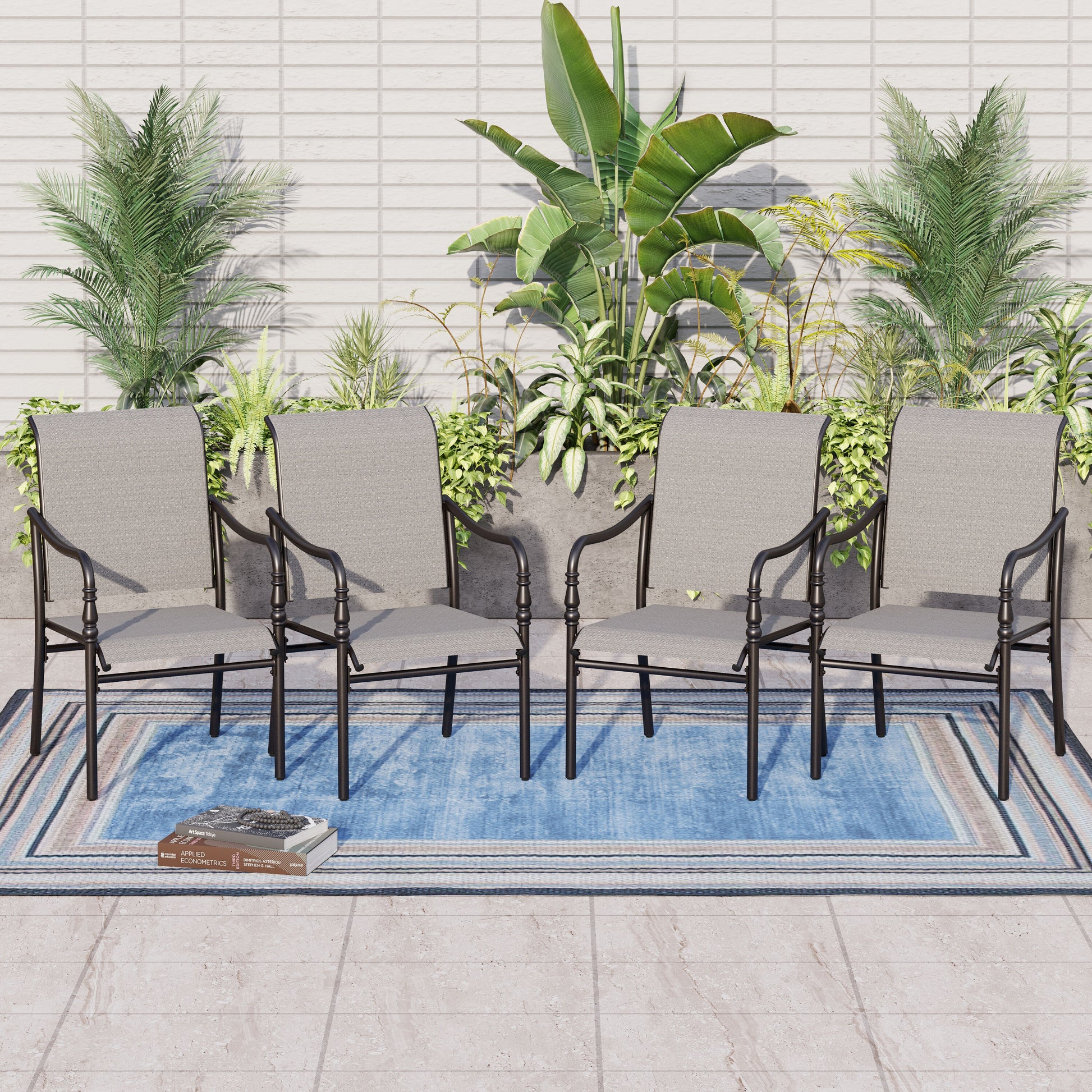  Set of 4 Black Steel Frame Stationary Dining Chair with Gray Textilene Sling Seat