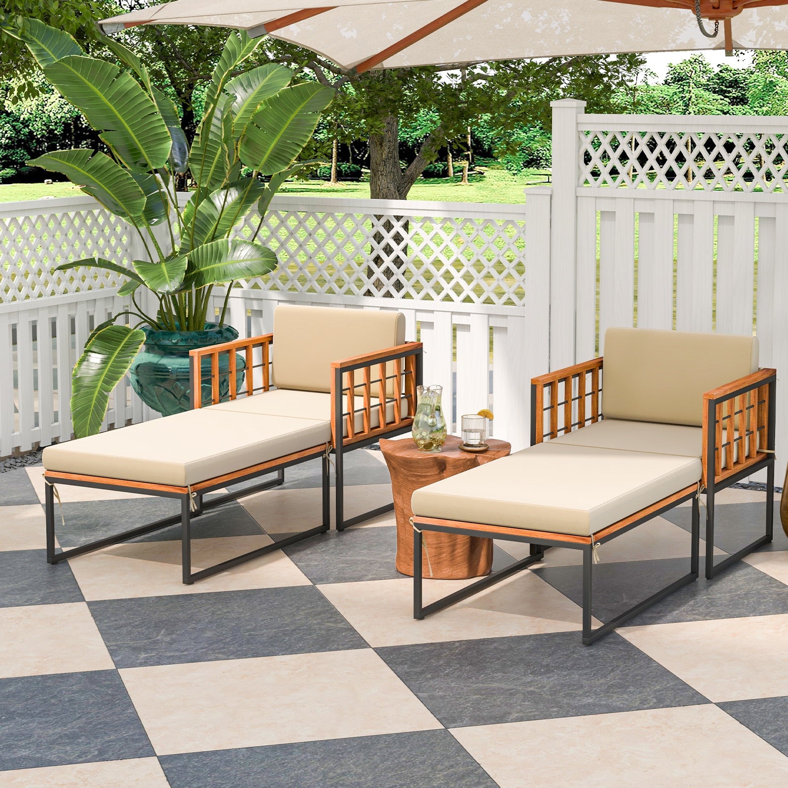 Forclover Patio Chairs Brown Wood Frame Stationary Chaise Lounge Chair with White Cushioned Seat