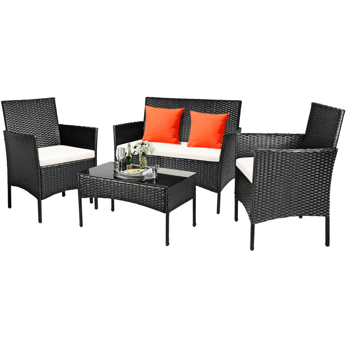 Forclover Patio Conversation Sets 4 -Piece Rattan Patio Conversation Set with White Cushions