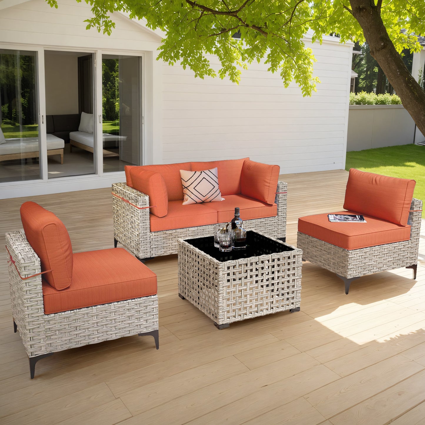 Pouuin 4 -Piece Wicker Patio Conversation Set with Orange Cushions