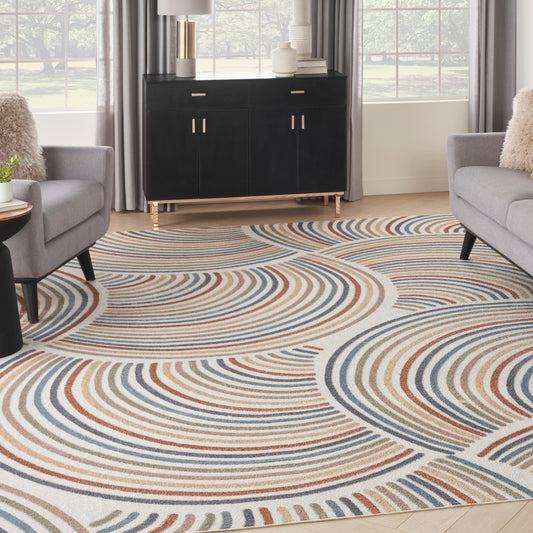 Nourison Home Astra Machine Washable 12 x 15 (ft) Loomed Polyester Ivory Multicolor Rectangular Indoor Abstract Mid-Century Modern Machine washable Pet Friendly Area rug