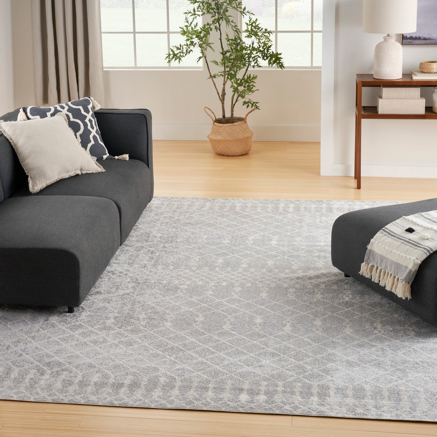 Nourison Home Astra Machine Washable 10 x 14 (ft) Loomed Polyester Grey Rectangular Indoor Geometric Bohemian/Eclectic Machine washable Pet Friendly Area rug