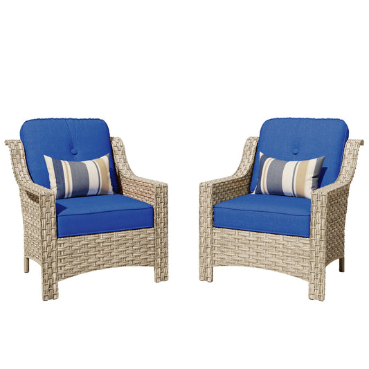 Pouuin Set of 2 Wicker Gray Metal Frame Stationary Conversation Chair with Navy Cushioned Seat