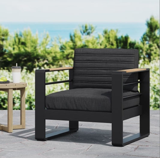 ZAKLOOP Outdoor Lounge Chair Black Stationary Recliner Chair with Black Cushioned Seat