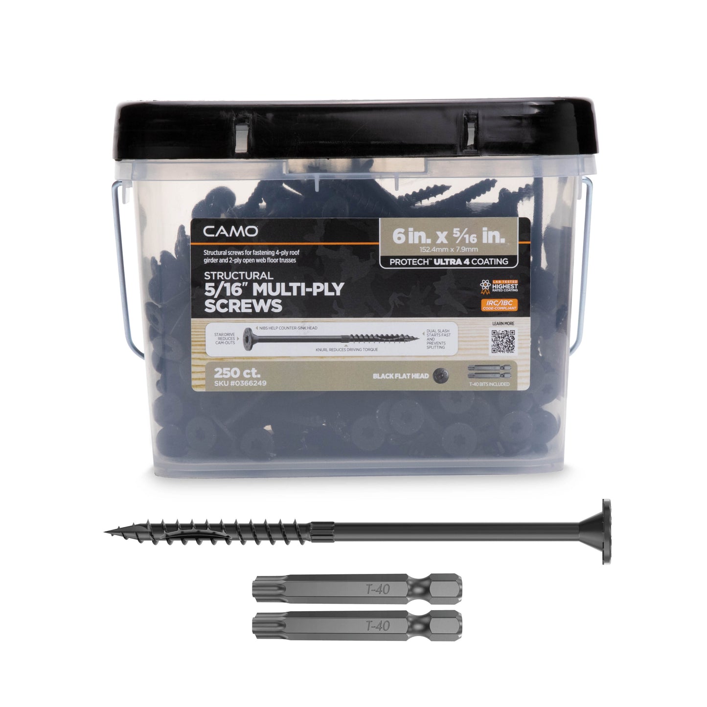 CAMO 5/16-in x 6-in Black Polymer Flat -Head Exterior Structural wood screws 250 -Pack