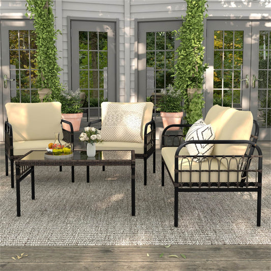 BABOOM Wicker Patio Furniture Set 4 -Piece Wicker Patio Conversation Set with Off-white Cushions