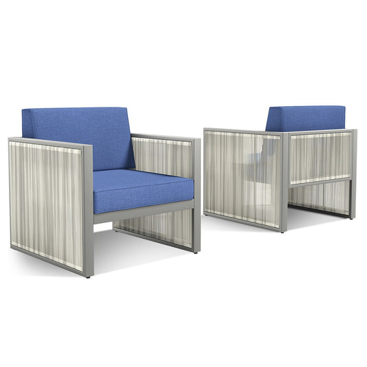 Rilyson Square-F Set of 2 Wicker Gray Wicker Frame Stationary Conversation Chair with Blue Blue Cushioned Seat