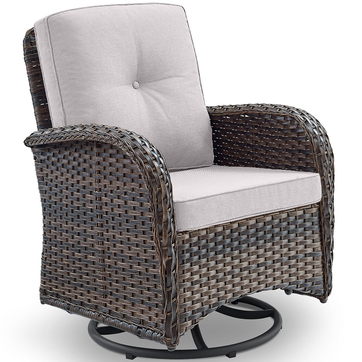 Rilyson New Juno Wicker Brown Wicker Frame Swivel glider Conversation Chair with Off-white Beige Cushioned Seat