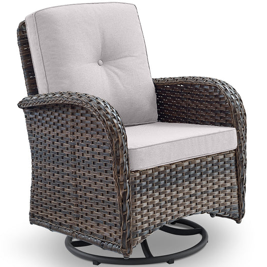 Rilyson New Juno Wicker Brown Wicker Frame Swivel glider Conversation Chair with Off-white Beige Cushioned Seat