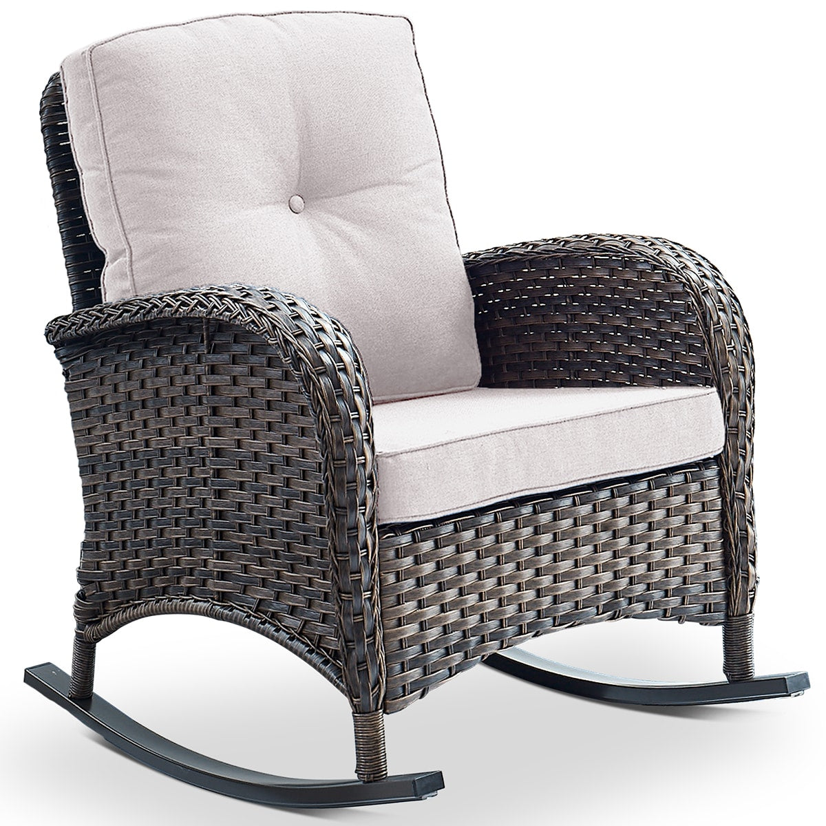 Rilyson New Juno Wicker Brown Wicker Frame Rocking Chair with Off-white Beige Cushioned Seat