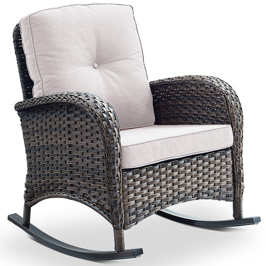 Rilyson New Juno Wicker Brown Wicker Frame Rocking Chair with Off-white Beige Cushioned Seat