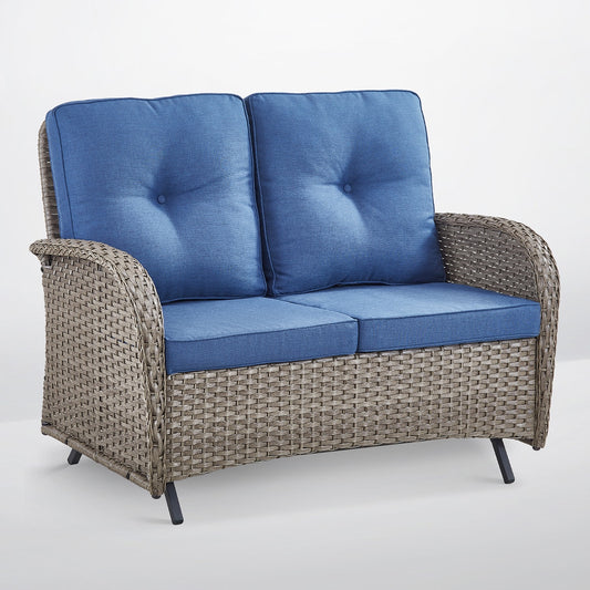 Rilyson New Juno Wicker Gray Wicker Frame Glider Conversation Chair with Blue Blue Cushioned Seat