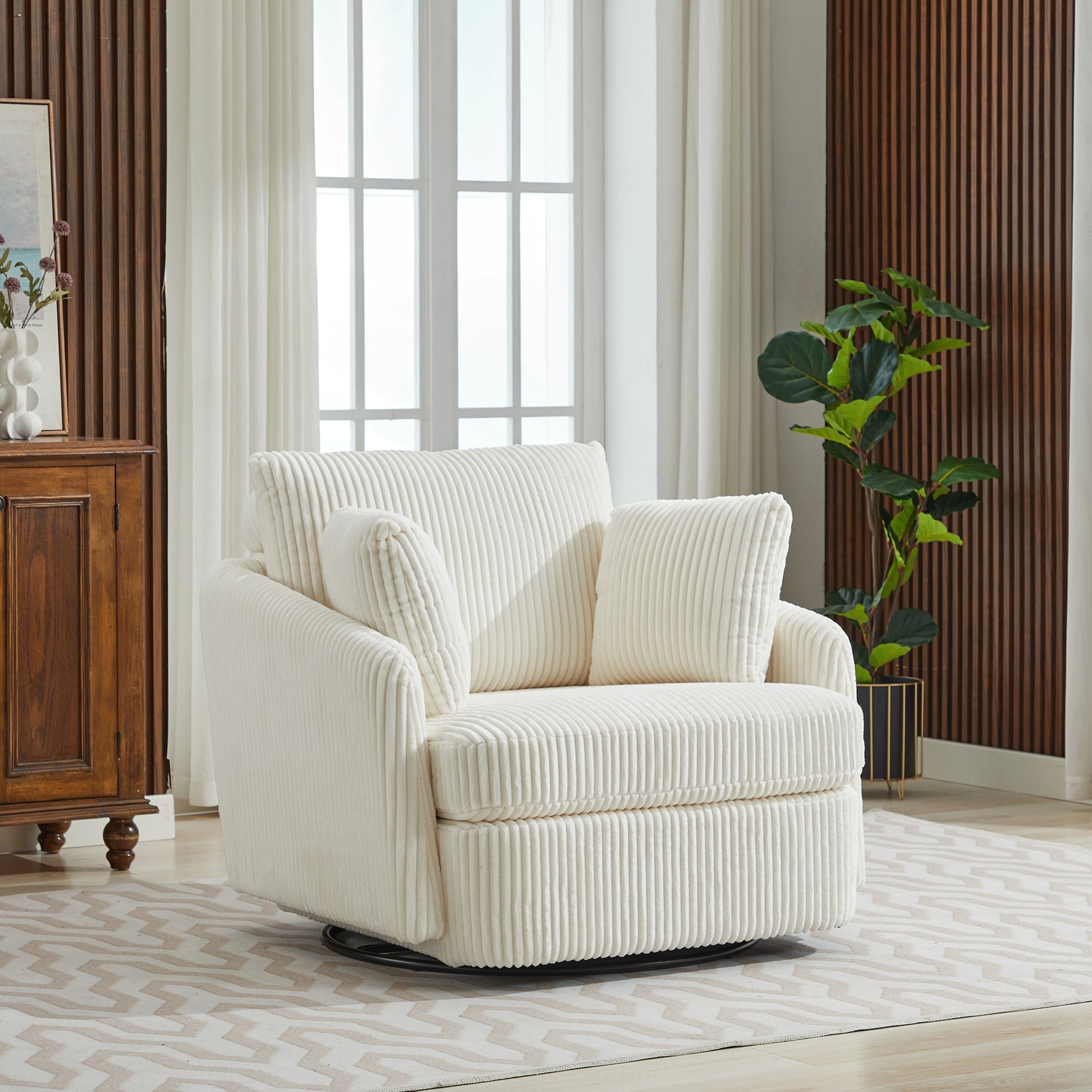 Aortzio 40.55-in W Modern IVORY Corduroy Swivel Accent Armchair