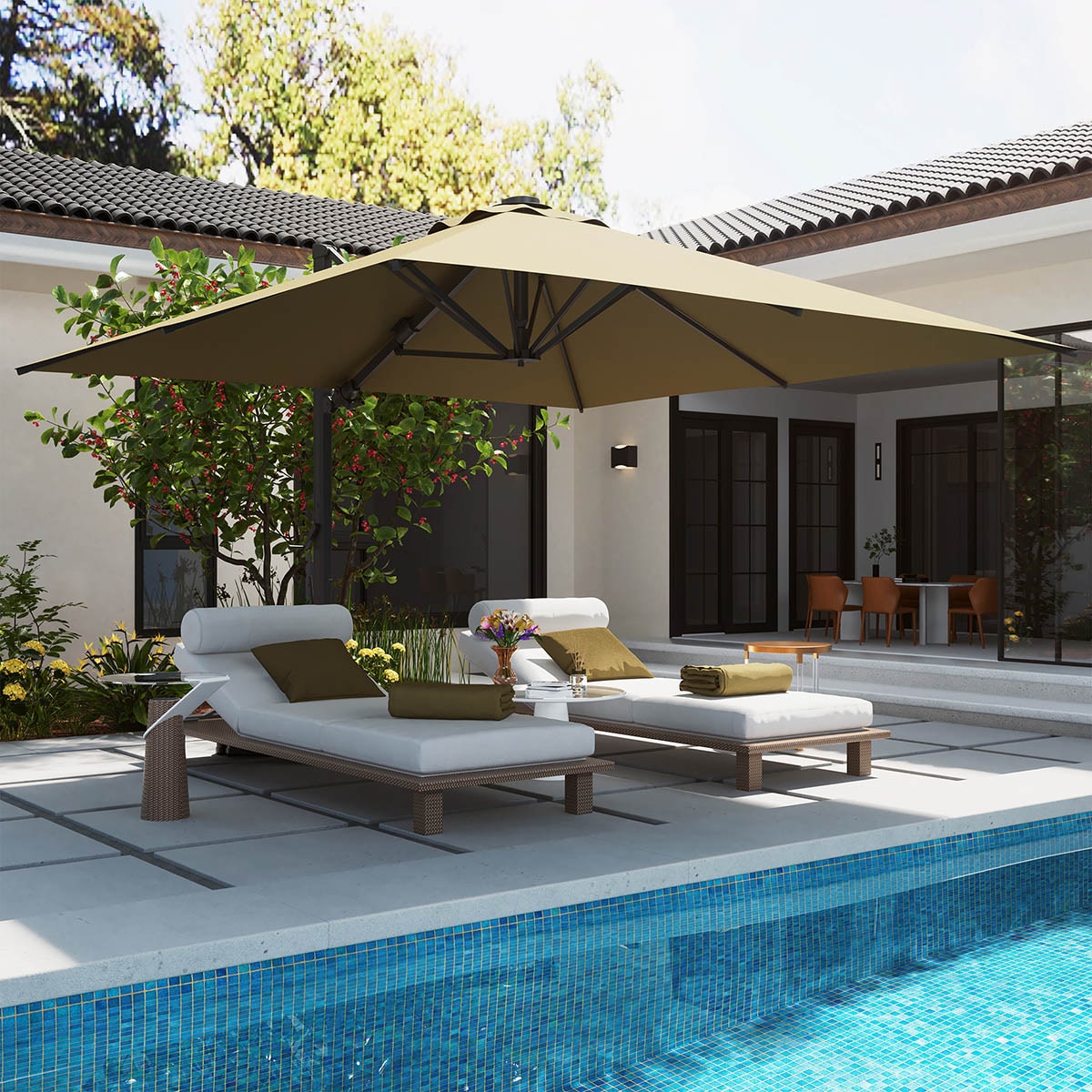 Mondawe 10-ft Aluminum Tan Cantilever Patio Umbrella with Base