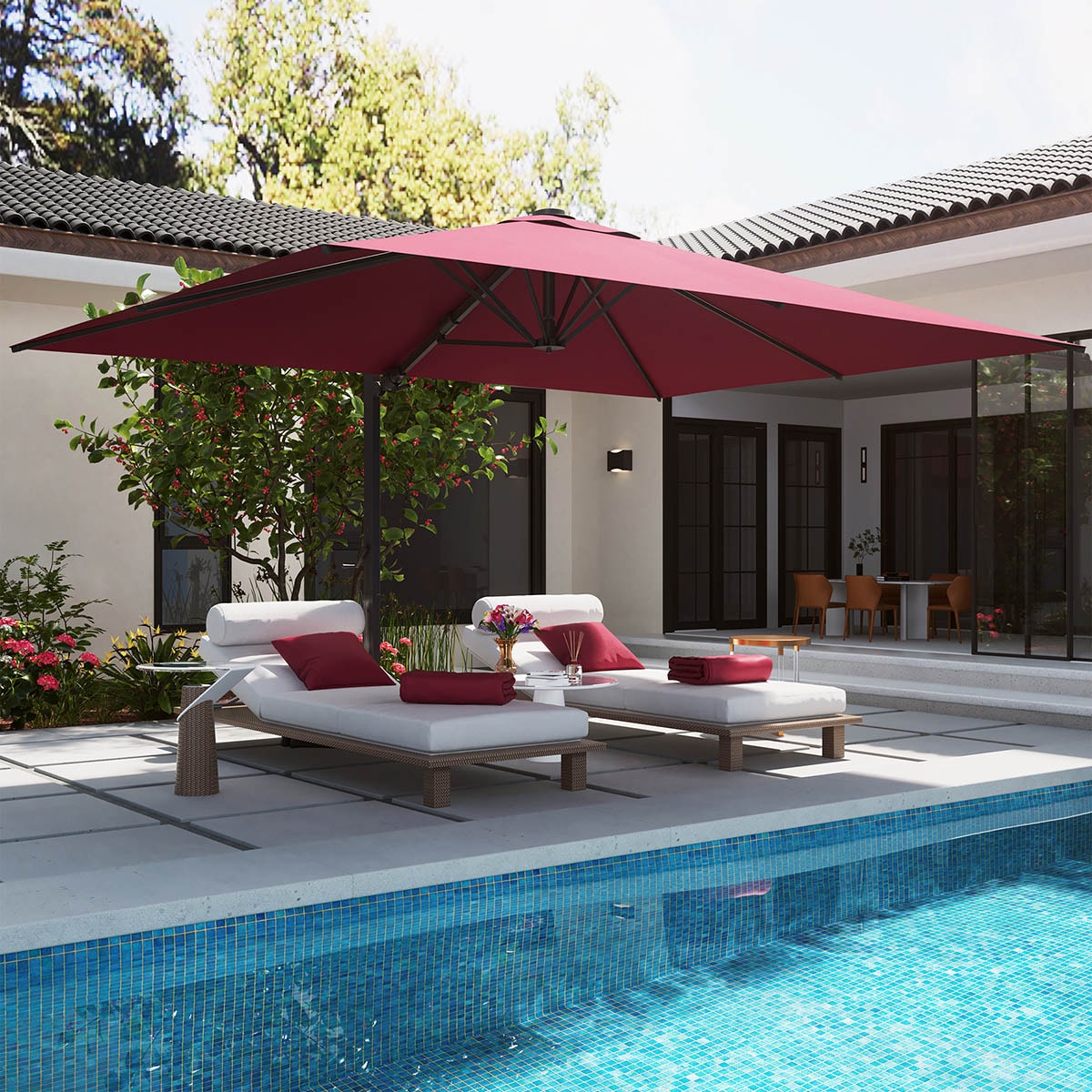 Mondawe 13-ft Aluminum Red Cantilever Patio Umbrella with Lights with Base