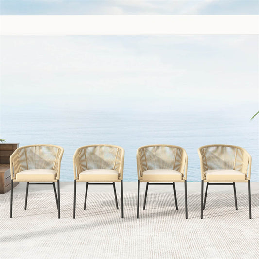 BABOOM Outdoor Chair Set of 4 Woven Black Metal Frame Stationary Conversation Chair with Off-white Cushioned Seat