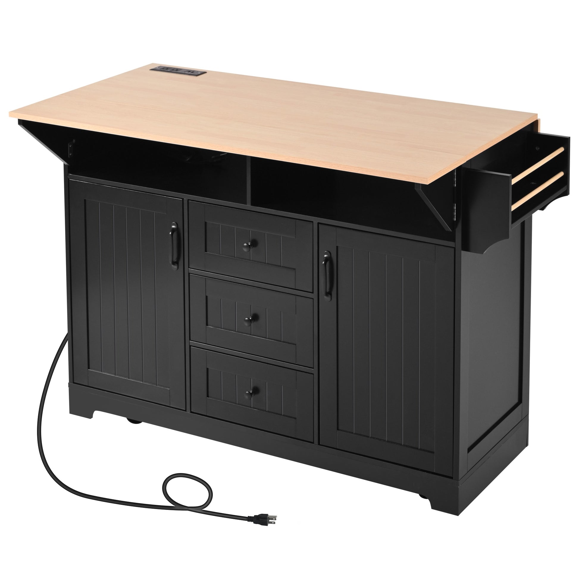 SINOFURN Black MDF Base with MDF Rolling Kitchen Island ( 33.5-in x 55.7-in x 36.5-in )