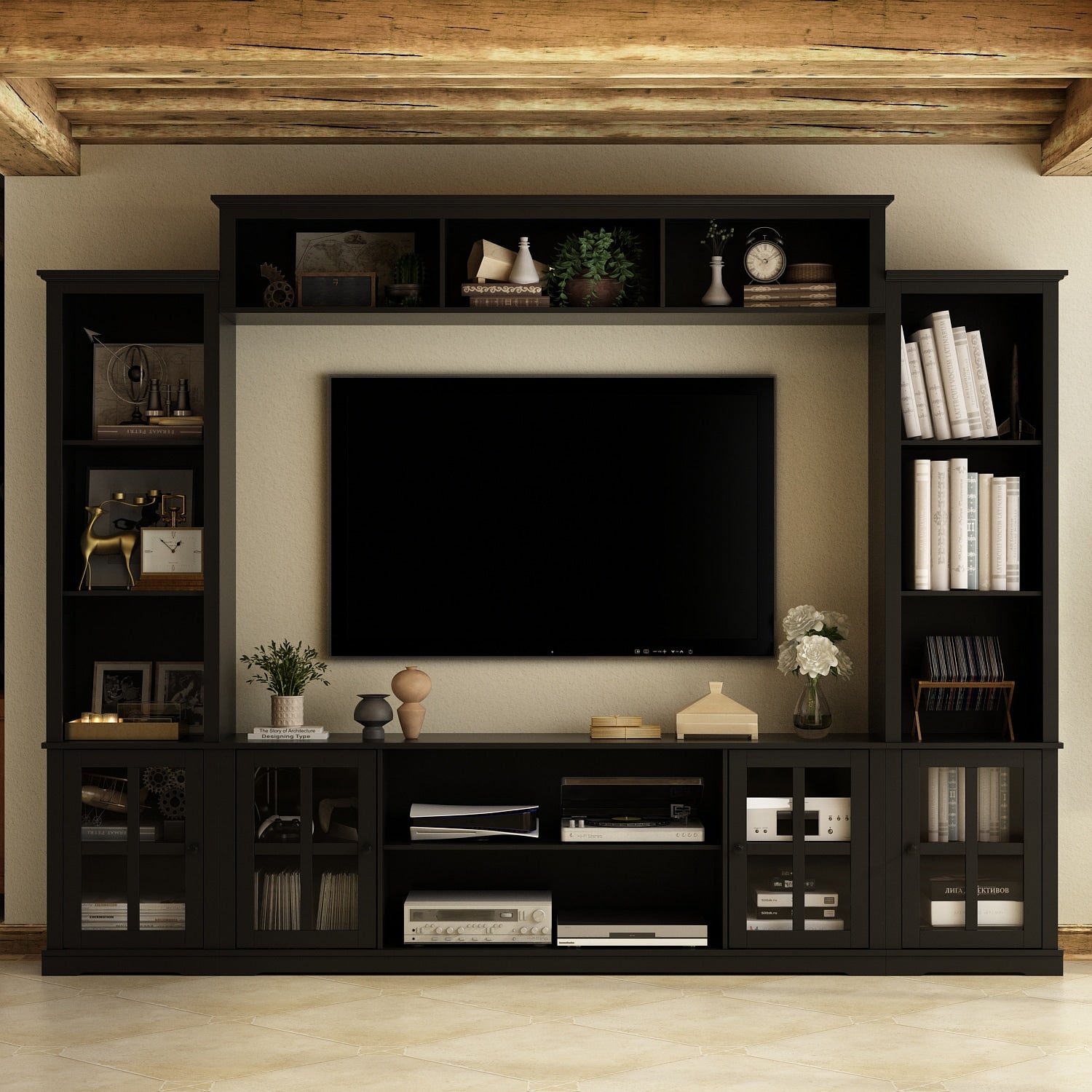 FUFU&GAGA Modern/Contemporary Black 102-in W TV cabinet Integrated TV Mount ( Accommodates TVs up to 65-in )
